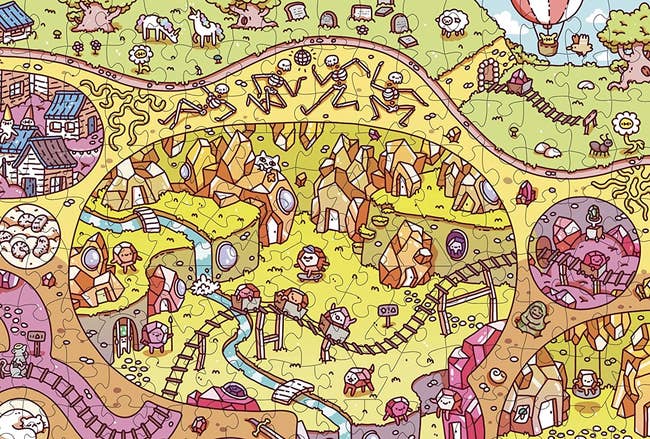 close-up of a section of the puzzle showing its whimsical illustration style