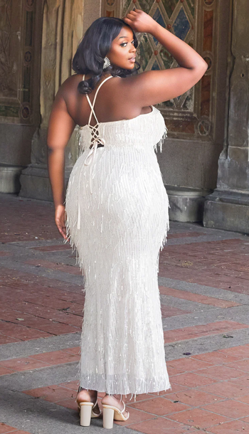 A model showing the back of the dress