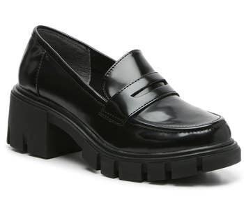 black heeled penny loafer