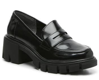 black heeled penny loafer