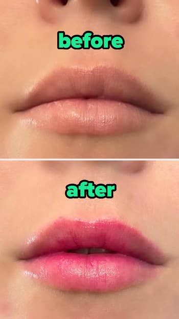 reviewer wearing the lipstick before and after