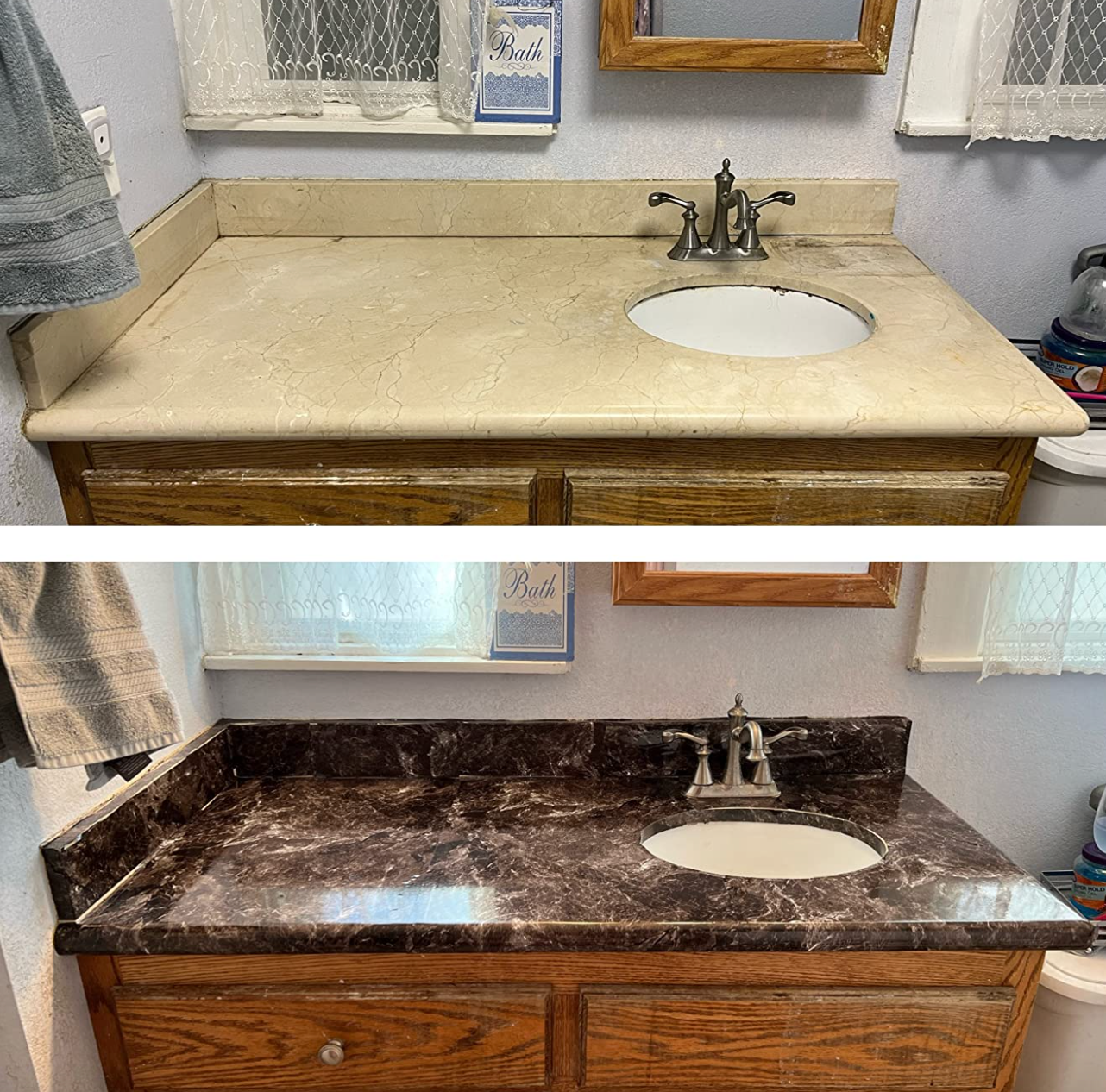 a before and after photo of a reviewer's bathroom counter with the dark marble surface cover