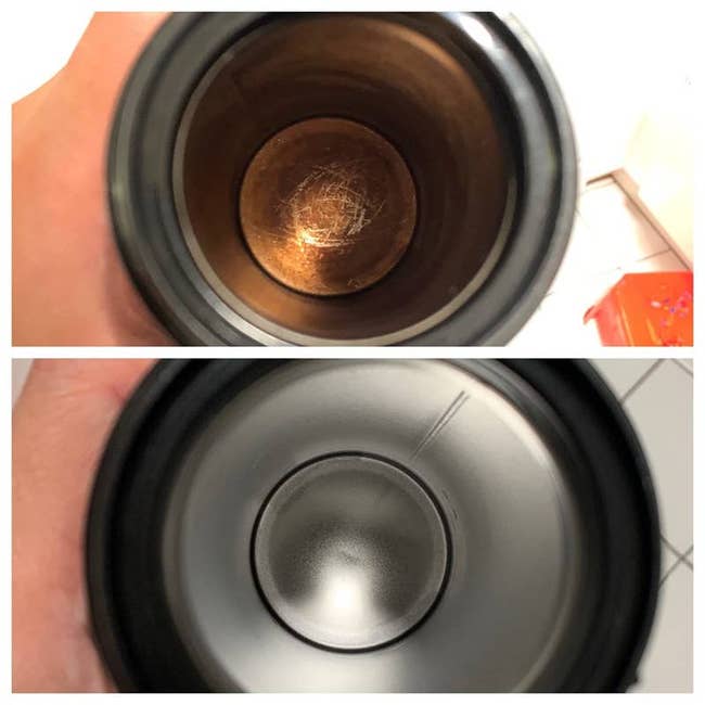 before and after photo of reviewer's travel mug, showing it is completely cleaned and restored after using the tablets