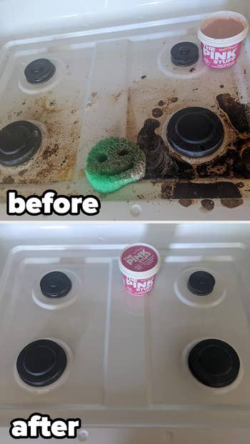 top: reviewer before photo of dirty stove top / bottom: after using the Pink Stuff looking spotless and clean