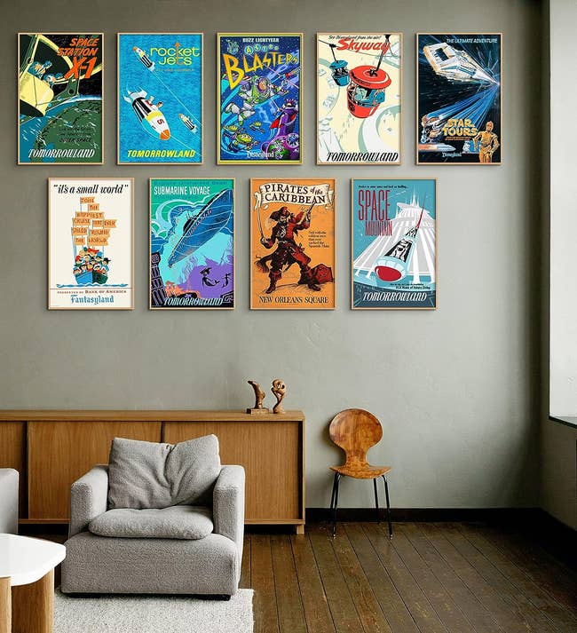 Hung framed retro-style posters of Disneyland rides like 