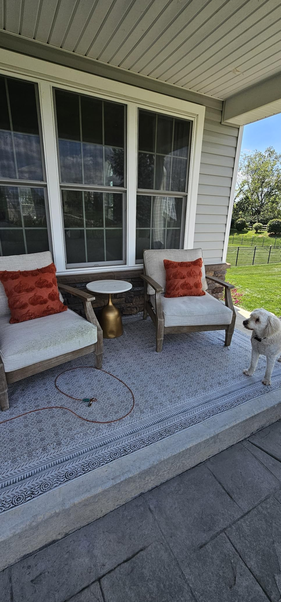 Cozy outdoor patio with 2  cushioned chairs and a tiny  table; a canine  stands nearby