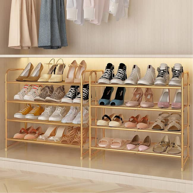 Shoe rack holding assorted pairs of sneakers, heels, and flats, neatly organized successful a modern closet display