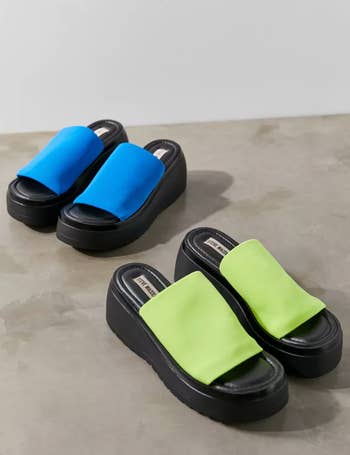 chunky slide-on platform sandals with green and blue front 