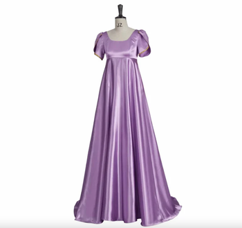purple short sleeve empire waist gown