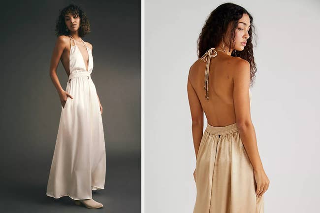 Model wearing halter maxi dress in white with deep V-neckline and smocked waistline with tan heeled boots on a black background, model showing rear-view of product in gold with backless design and beaded ties on a gray background
