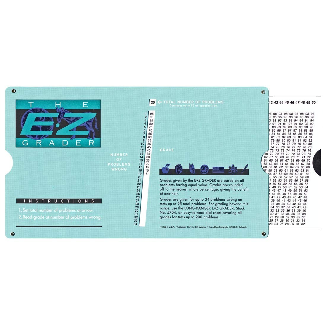 EZ Grader instrumentality   for teachers, featuring instructions and a sliding standard  for rapidly  calculating grades based connected  the fig   of problems wrong