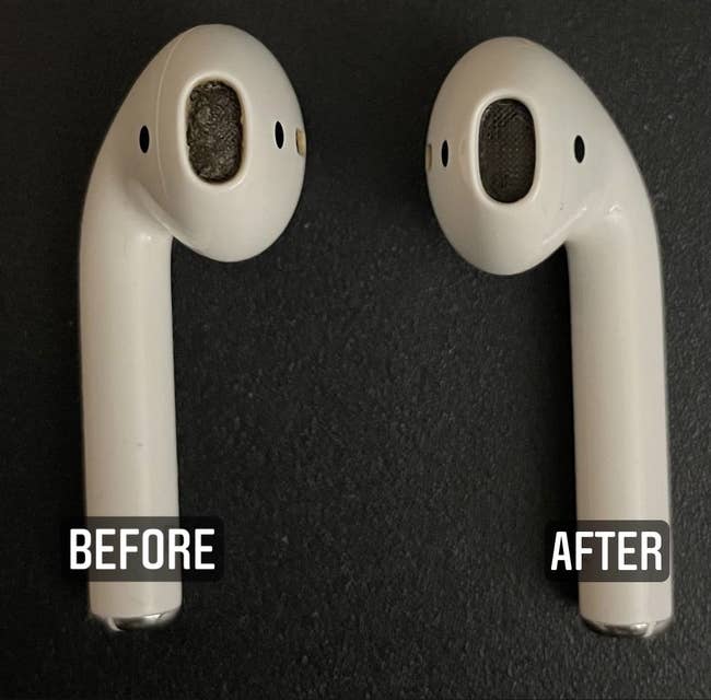 reviewer before and after images of a dirty AirPod that is then cleaned using the cleaning tool