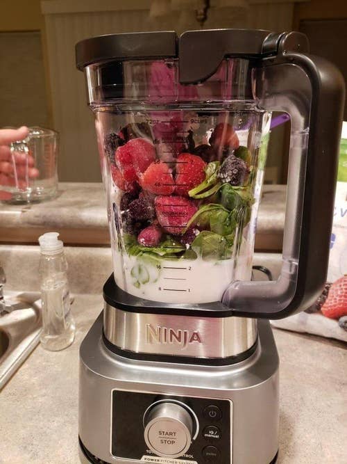 a review photo of fruits veggies and milk in the blender before blending