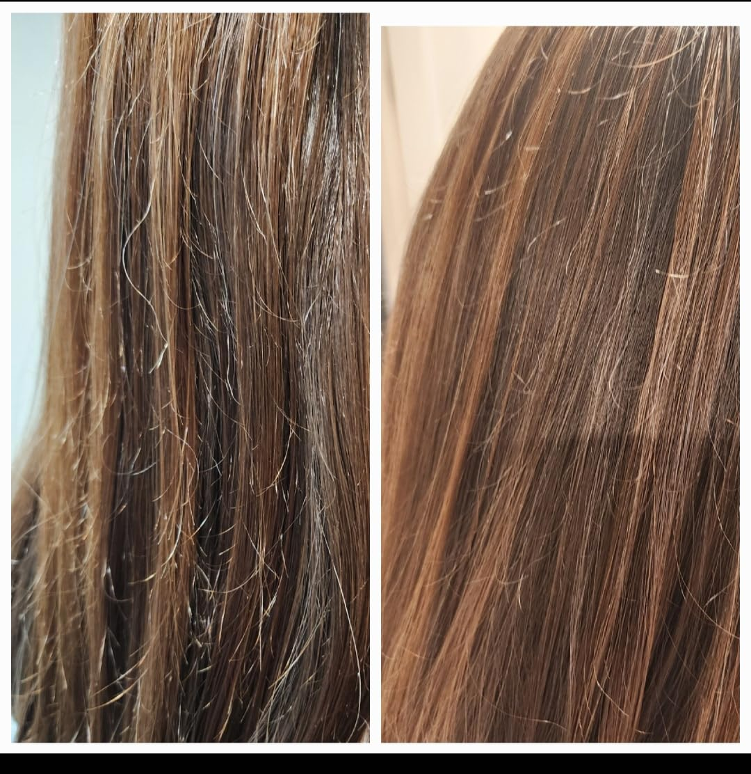 Two side-by-side photos showing hair before and after using a haircare product, with the right image showing smoother hair