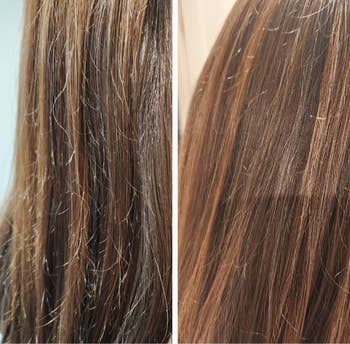 Two side-by-side photos showing hair before and after using a haircare product, with the right image showing smoother hair