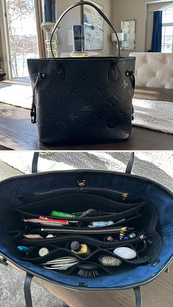A reviewer showing the small black insert in their black bag