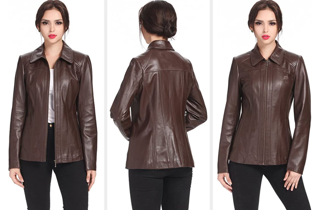 Three images of a model wearing the brown jacket