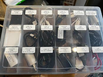 reviewer image of a cord organizer with printed labels on each compartment