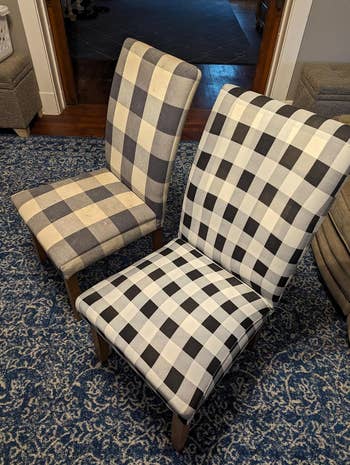 reviewer's chair without plaid cover and one with black white plaid cover