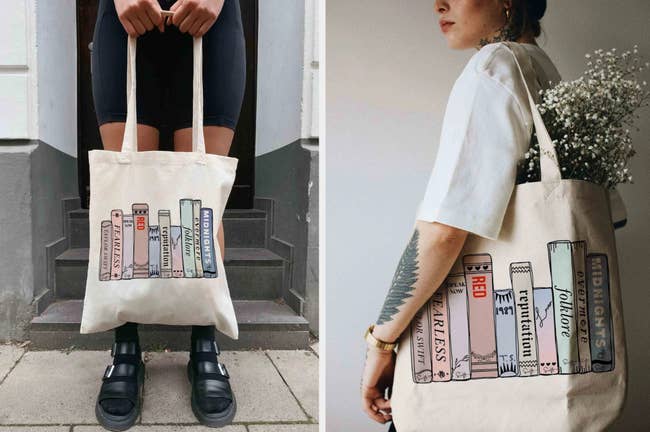 Two images of people holding the album-inspired tote bags