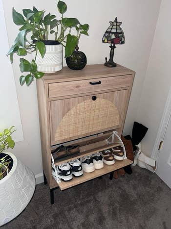 Wooden footwear  furniture  with a woven beforehand   panel, topped with plants and a tiny  stained solid  lamp, displaying neatly organized shoes below