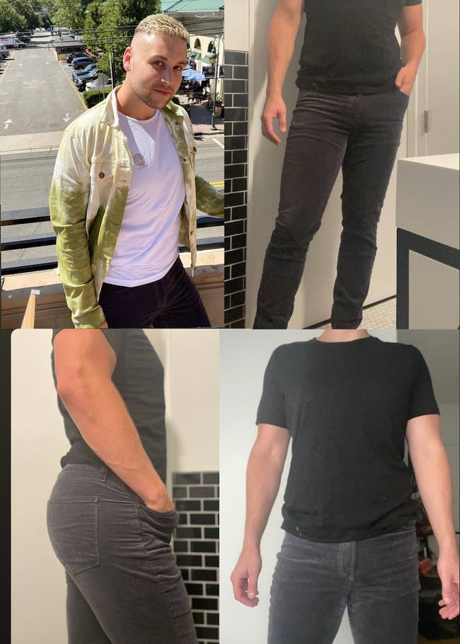 from top left to bottom right: BuzzFeed writer Ryan Schocket wearing tie-dye green denim jacket and straight-leg black jeans