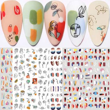 Assorted modern nail creation designs and patterns featuring abstract shapes, faces, and colorful stickers