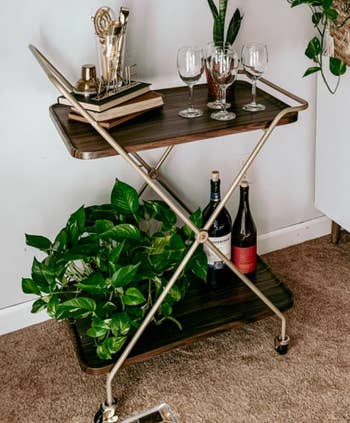 Reviewer image of the gold and brown bar cart