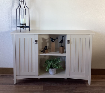 Reviewer image of white accent cabinet with shelves and plants on it