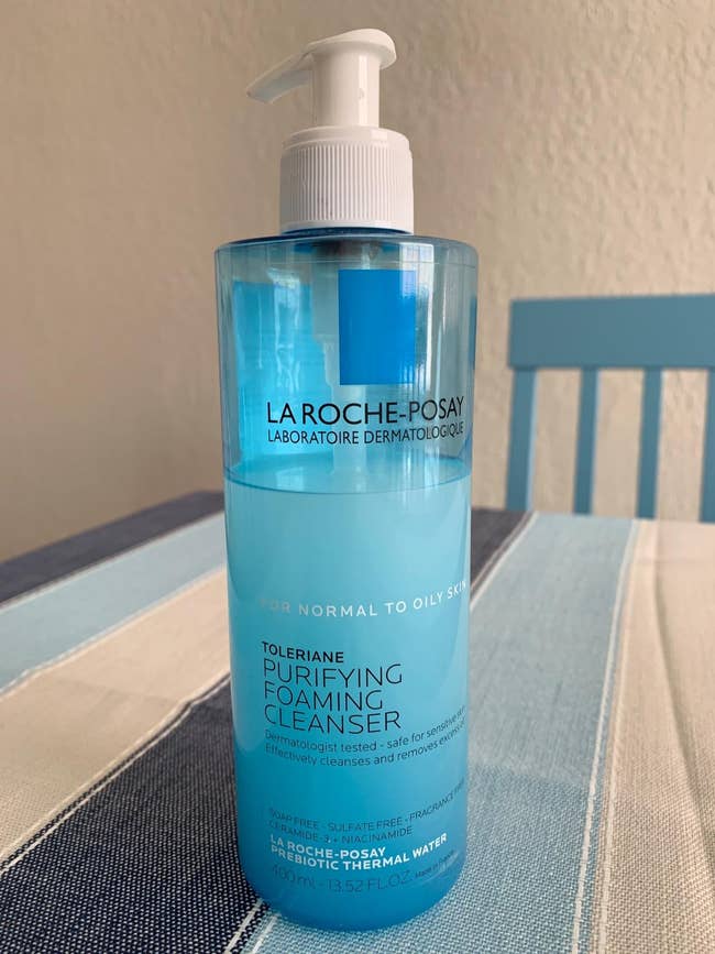 reviewer's bottle of La Roche Posay purifying foaming cleanser