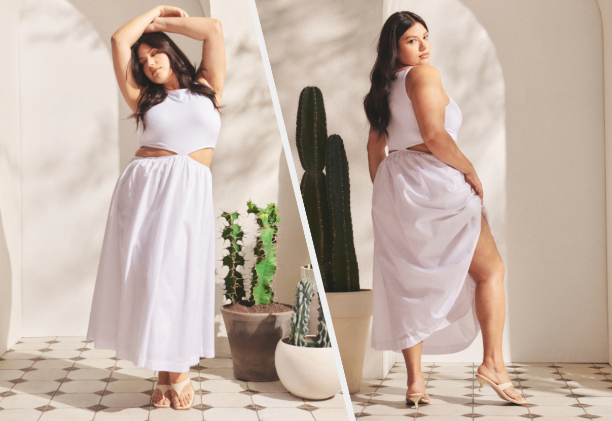 Two images of model wearing white midi dress
