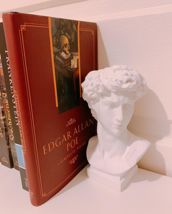 a reviewer's david bust being used as a bookend