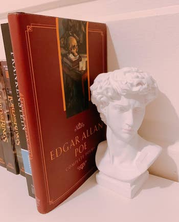 a reviewer's david bust being used as a bookend