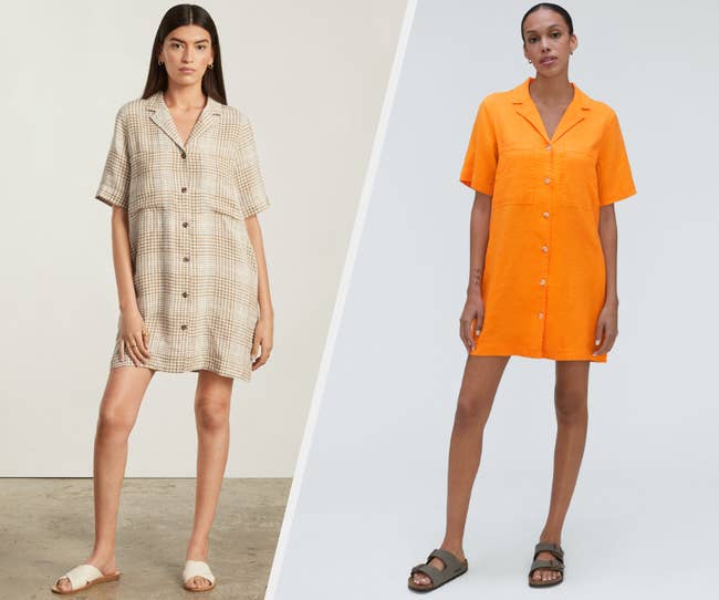 Two images of models wearing plaid and orange shirt dresses