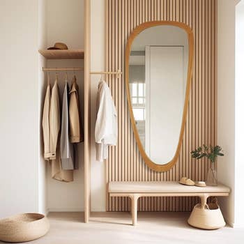 Elegant interior with a wooden slatted wall, mirror, bench, clothes rack with hanging garments, and accessories