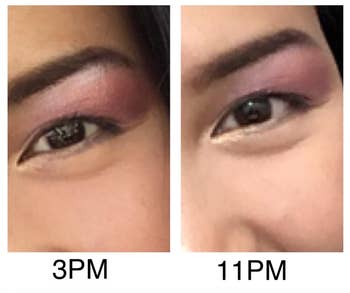 reviewer showcasing how primer kept eyeshadow on for eight hours