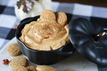 reviewer's pumpkin cocotte in matte black color with dip and crackers