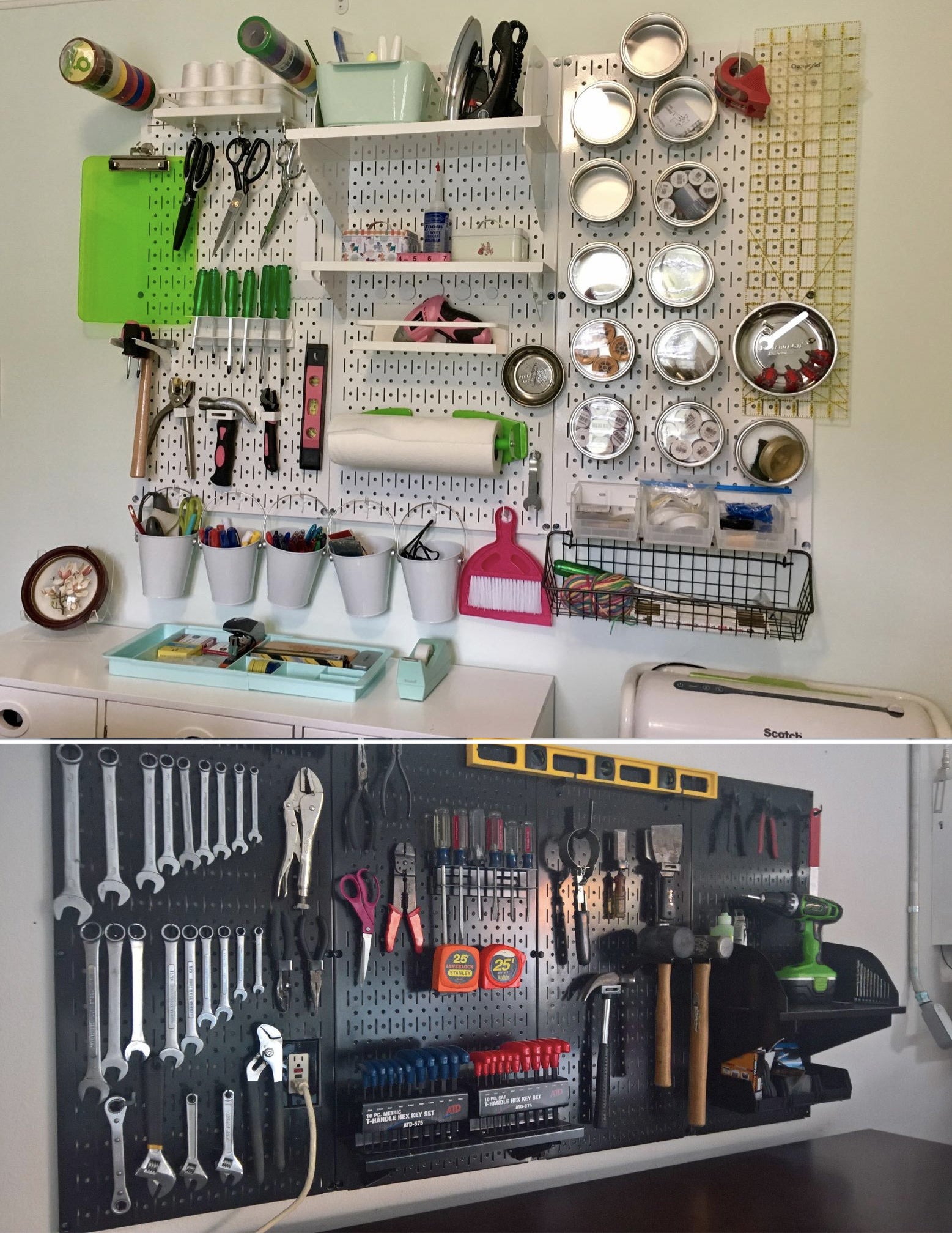 two reviewers setups: one in white with scissors, sewing notions, a glue gun, ribbon, etc., another in black with wrenches, hammers, mallets, screwdrivers, etc. 