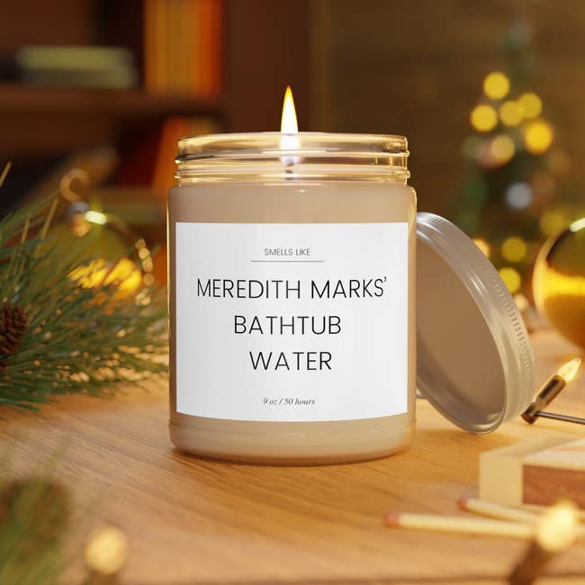 a candle with a label that says 