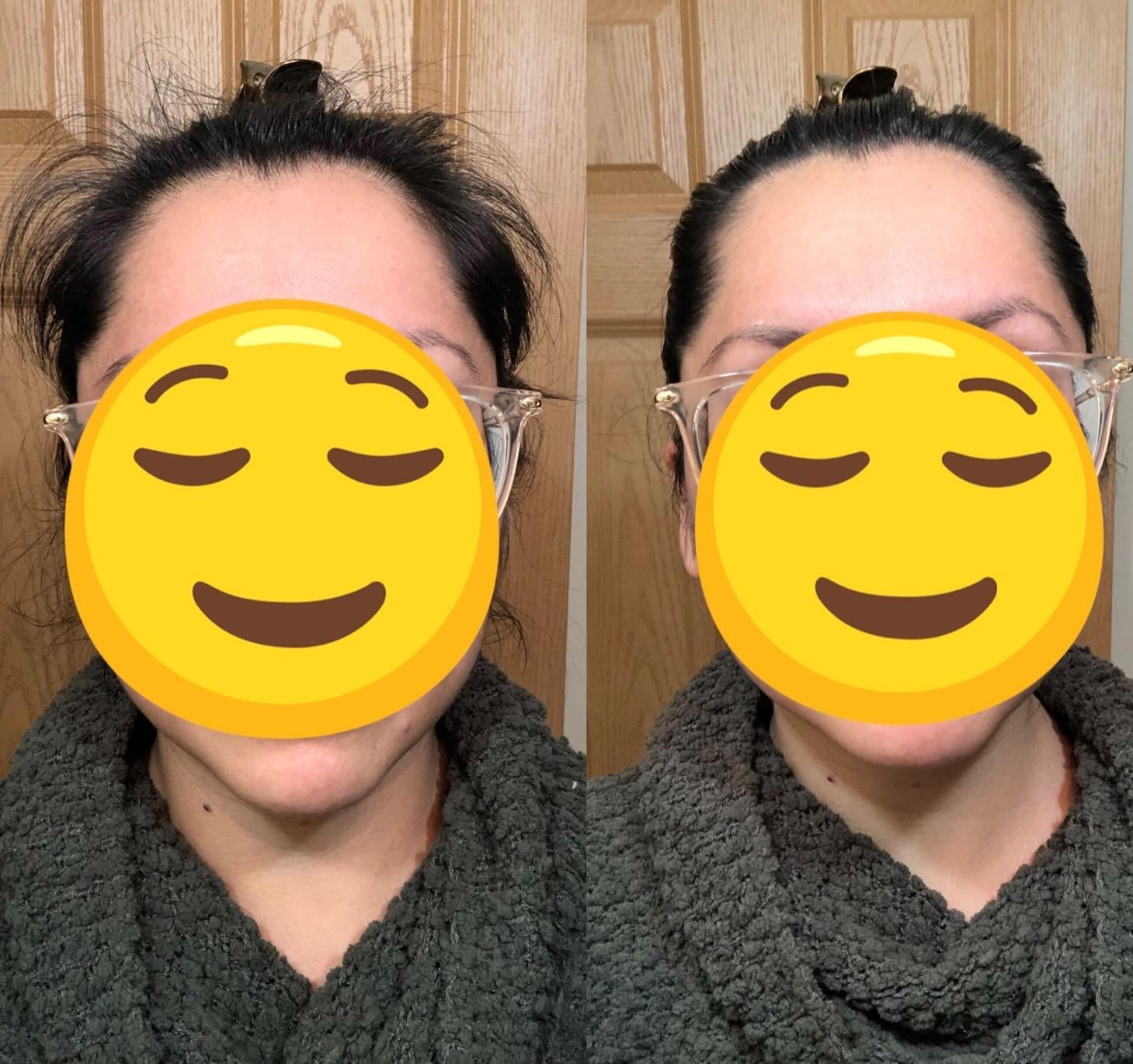 A reviewer before and after using hair finishing stick