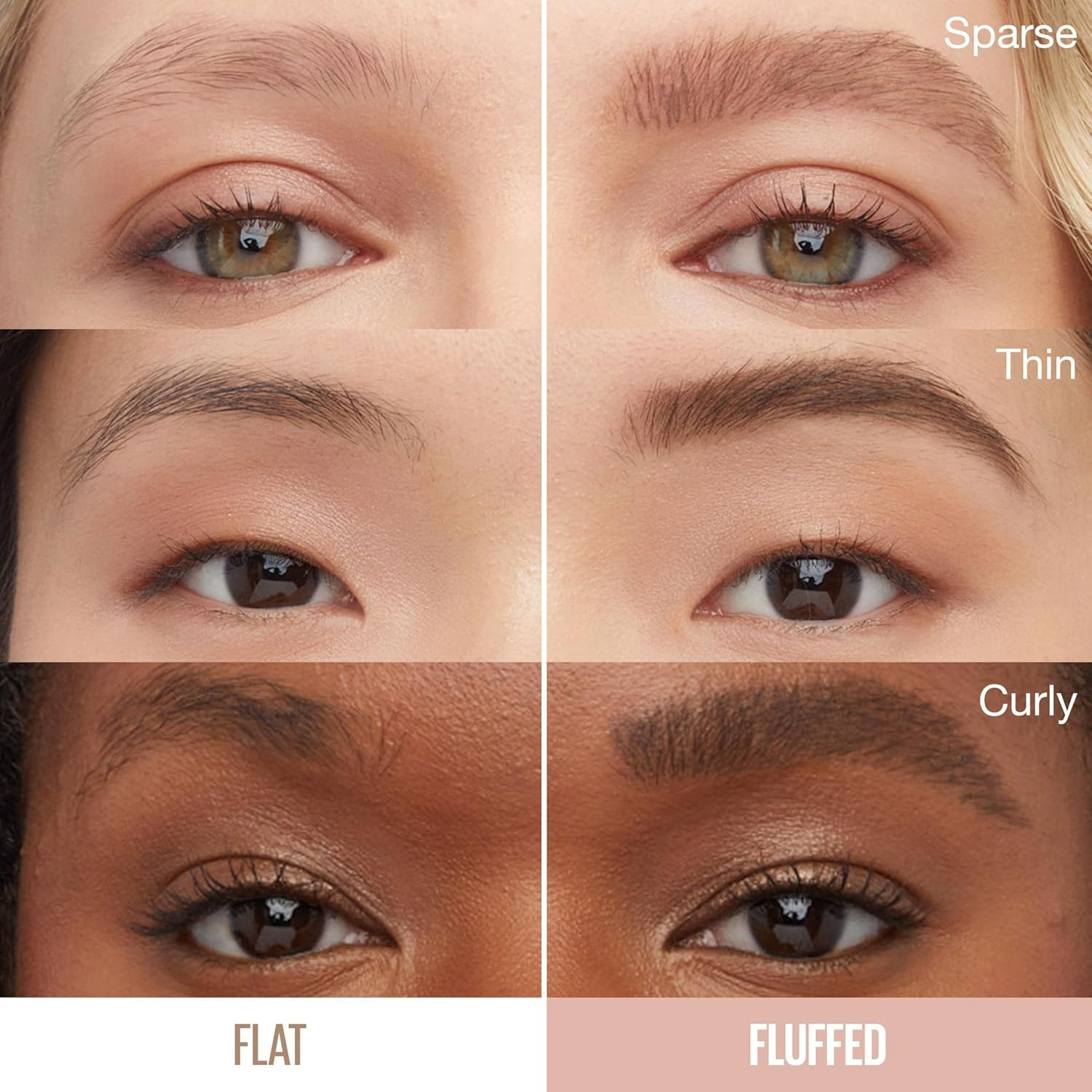 Comparison of four eyebrow styles: Sparse, Thin, Curly, with Flat and Fluffed effects. Each style is shown with different fullness and grooming