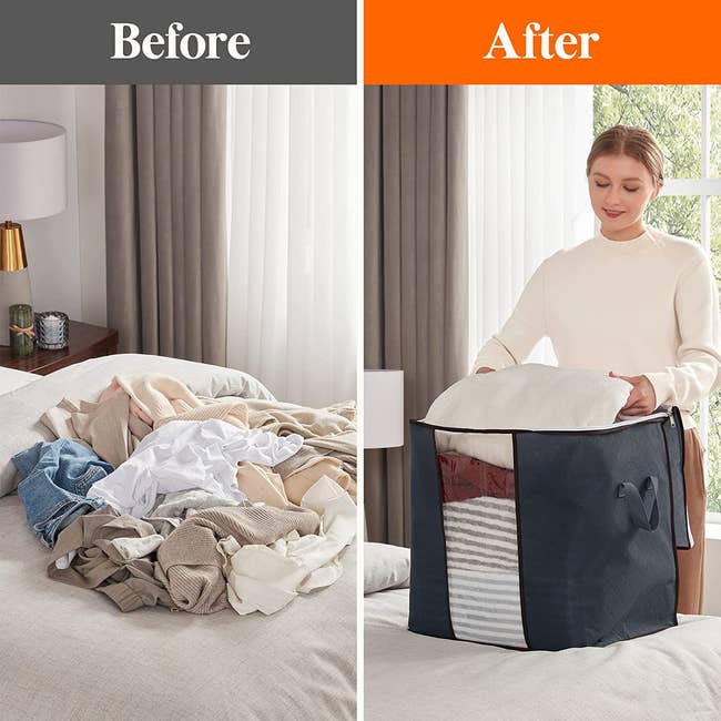 A before and after photo of a pile of clothes on a bed and then a model putting everything neatly away in a large storage bag