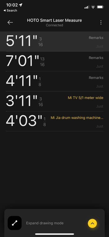 Smart Laser Measure app interface showing measurements ranging from 4'03
