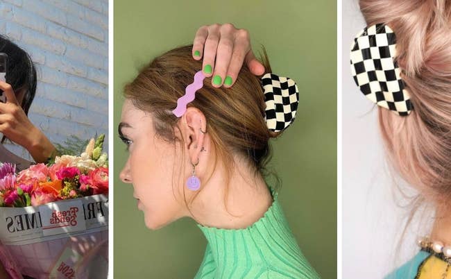two photos of models wearing their hair up with the black and white checkered clips