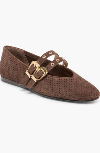 a brownish treble buckle mary jane flat