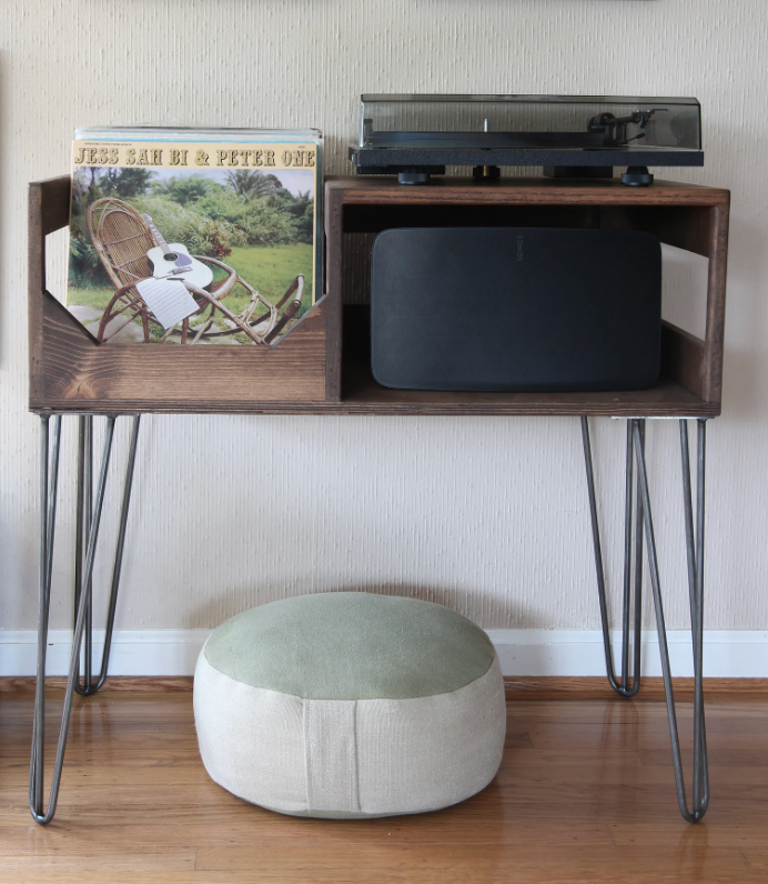 Dark brown wooden record player stand with cubby for vinyls