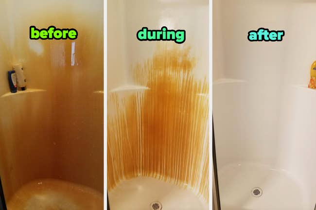 left: reviewer's before pic of rust covered shower; middle: same reviewer's pic of the rust stains seemingly drip and disappear with the cleaner; right: reviewer's after of completely clean shower         