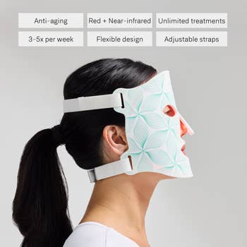 Woman wearing a light therapy mask for skincare. Text lists benefits like anti-aging and flexibility