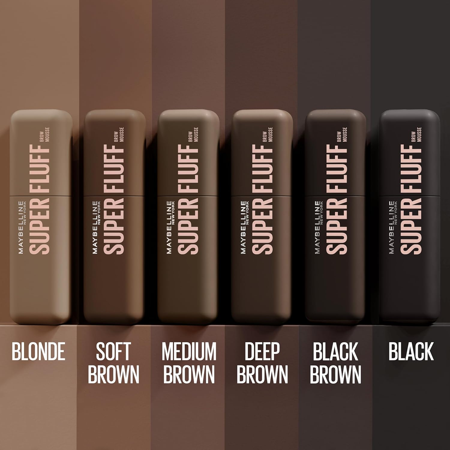Six lipstick shades labeled: Blonde, Soft Brown, Medium Brown, Deep Brown, Black Brown, and Black. Part of a shopping article