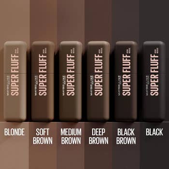 Blonde, Soft Brown, Medium Brown, Deep Brown, Black Brown, and Black. Part of a buying article
